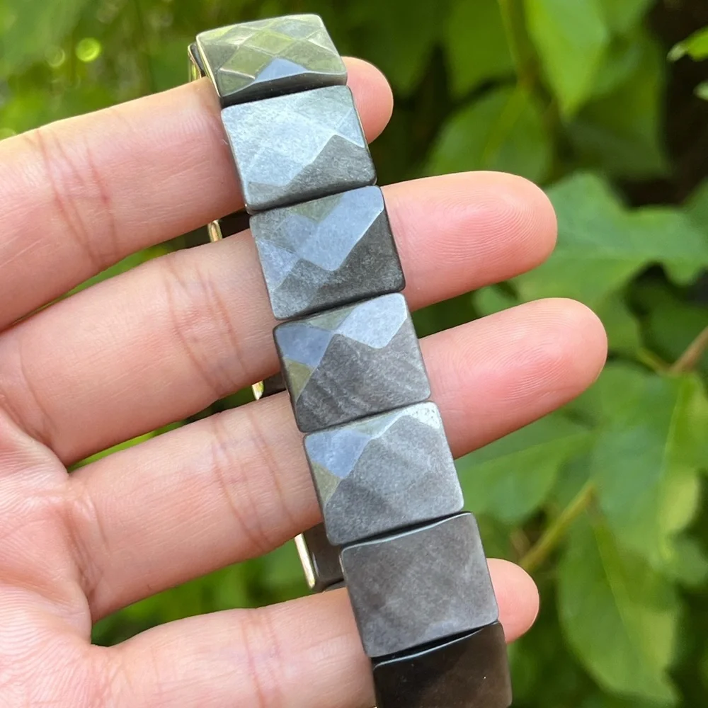 Stretchable‎ faceted silver obsidian soft bangle